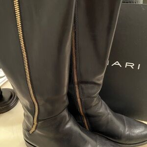 Tahari Billings Black Leather knee high boots with gold zipper.
